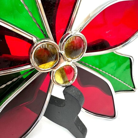 Large Handmade Poinsettia Stained Glass Sun-Catcher Winter Holiday Decor - Picture 2 of 10
